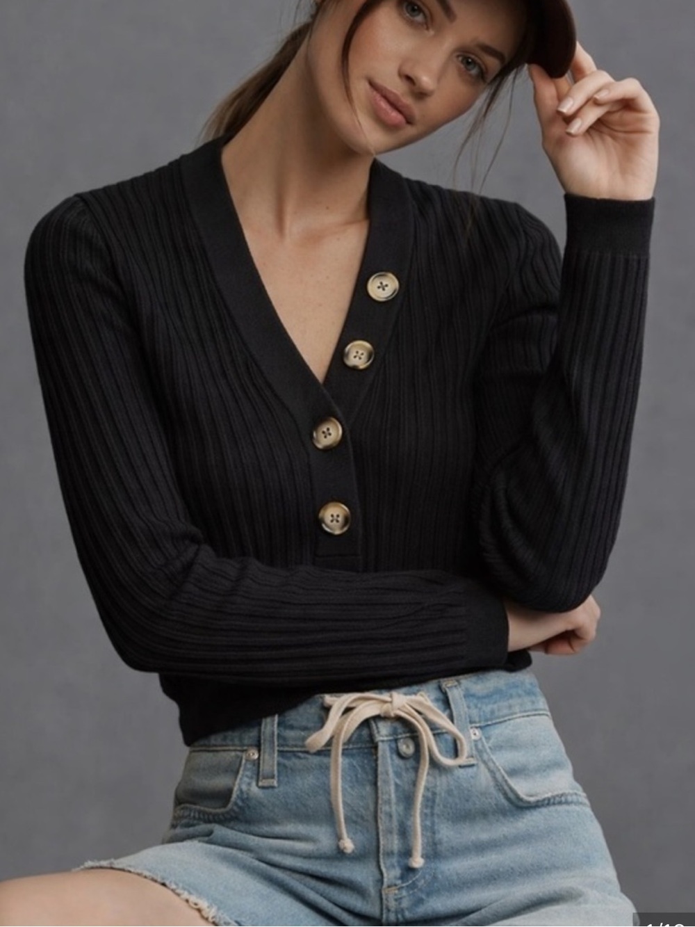Anthropologie Pilcro Kassidy Ribbed V-Neck Button Sweater - Black Size: L
